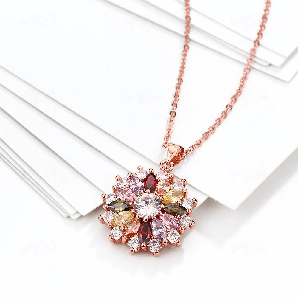 Romantic Crystal Flower Necklace in Rose Gold Finish