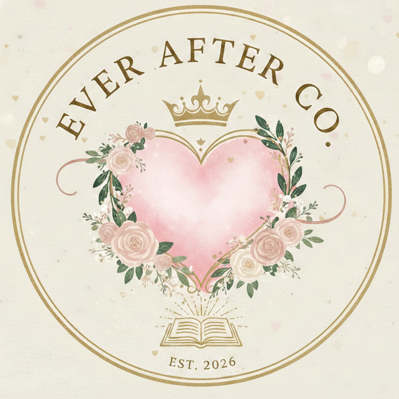 Logo of Ever After Co with a pink heart, roses, and a crown on a light background