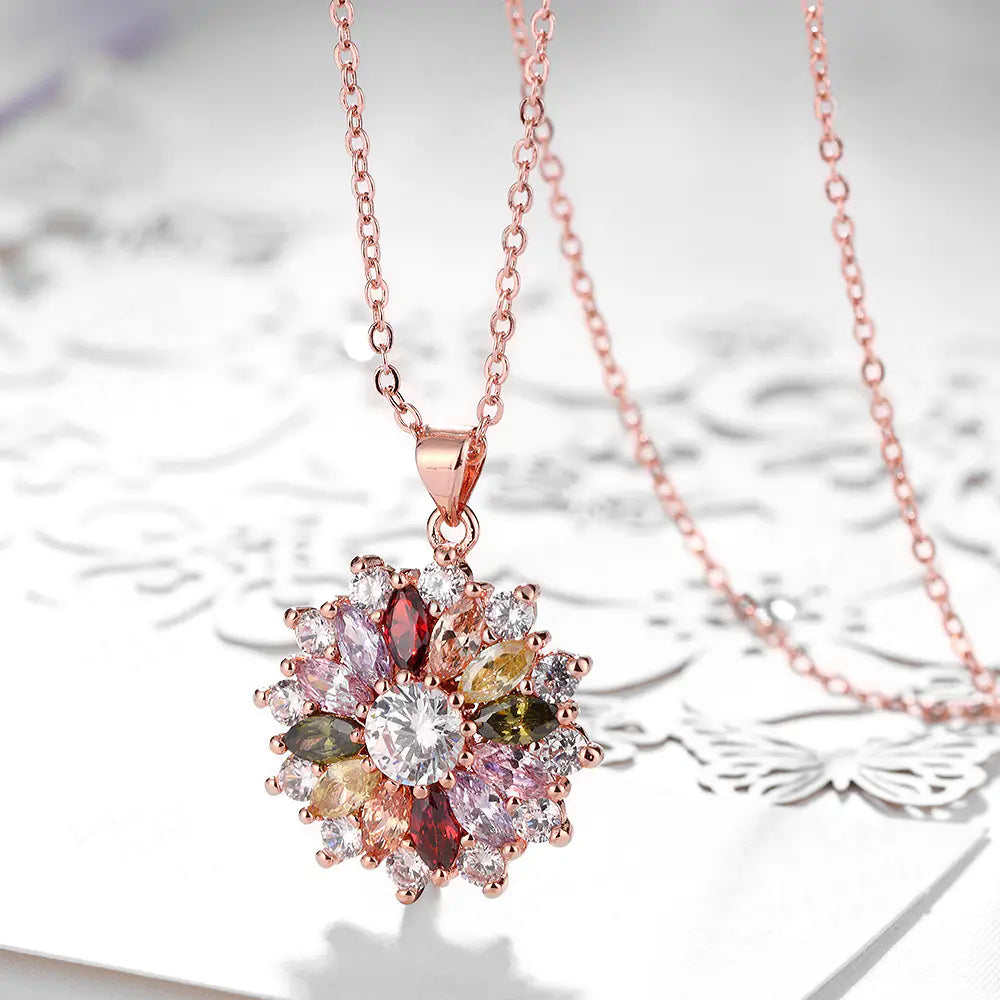 Romantic Crystal Flower Necklace in Rose Gold Finish