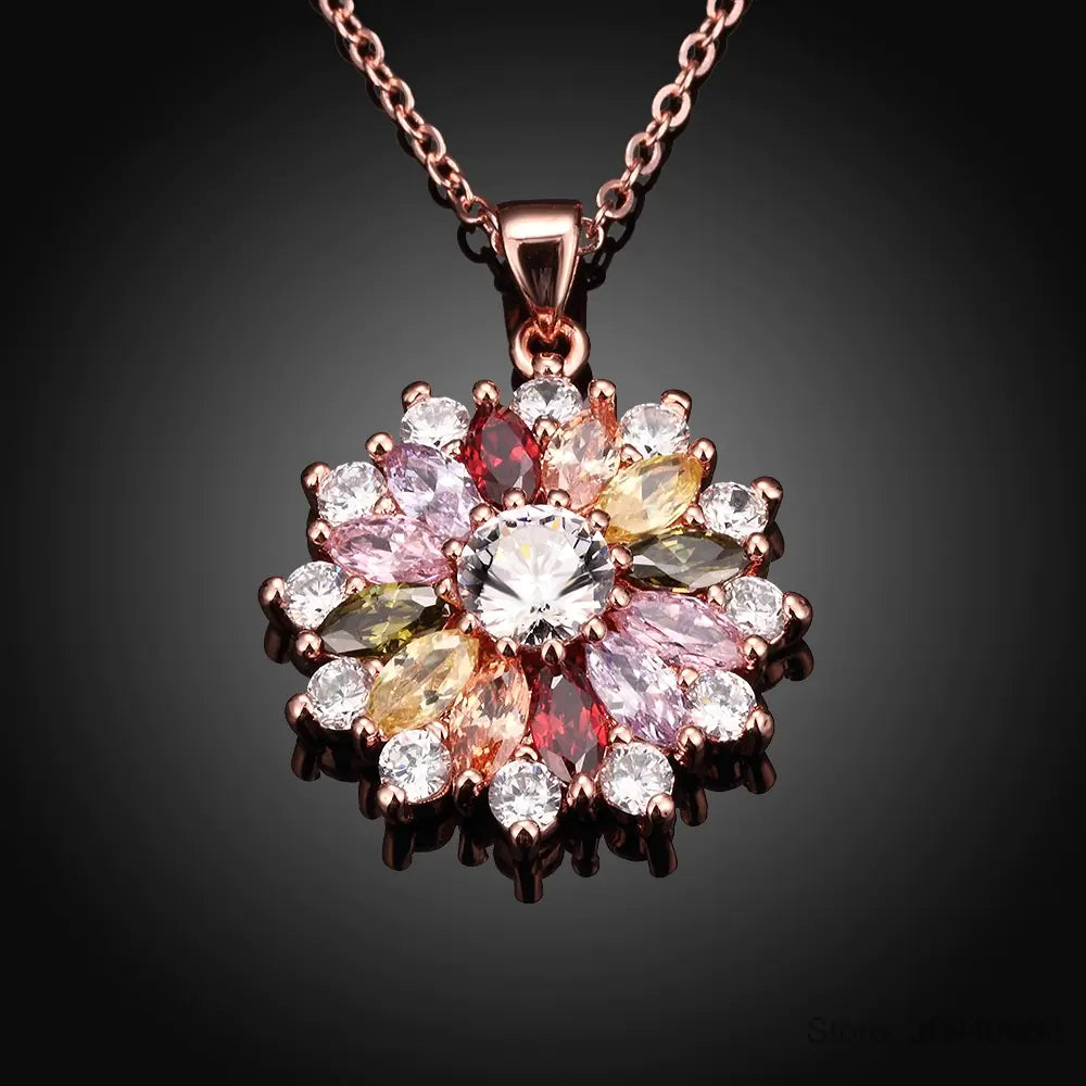 Romantic Crystal Flower Necklace in Rose Gold Finish